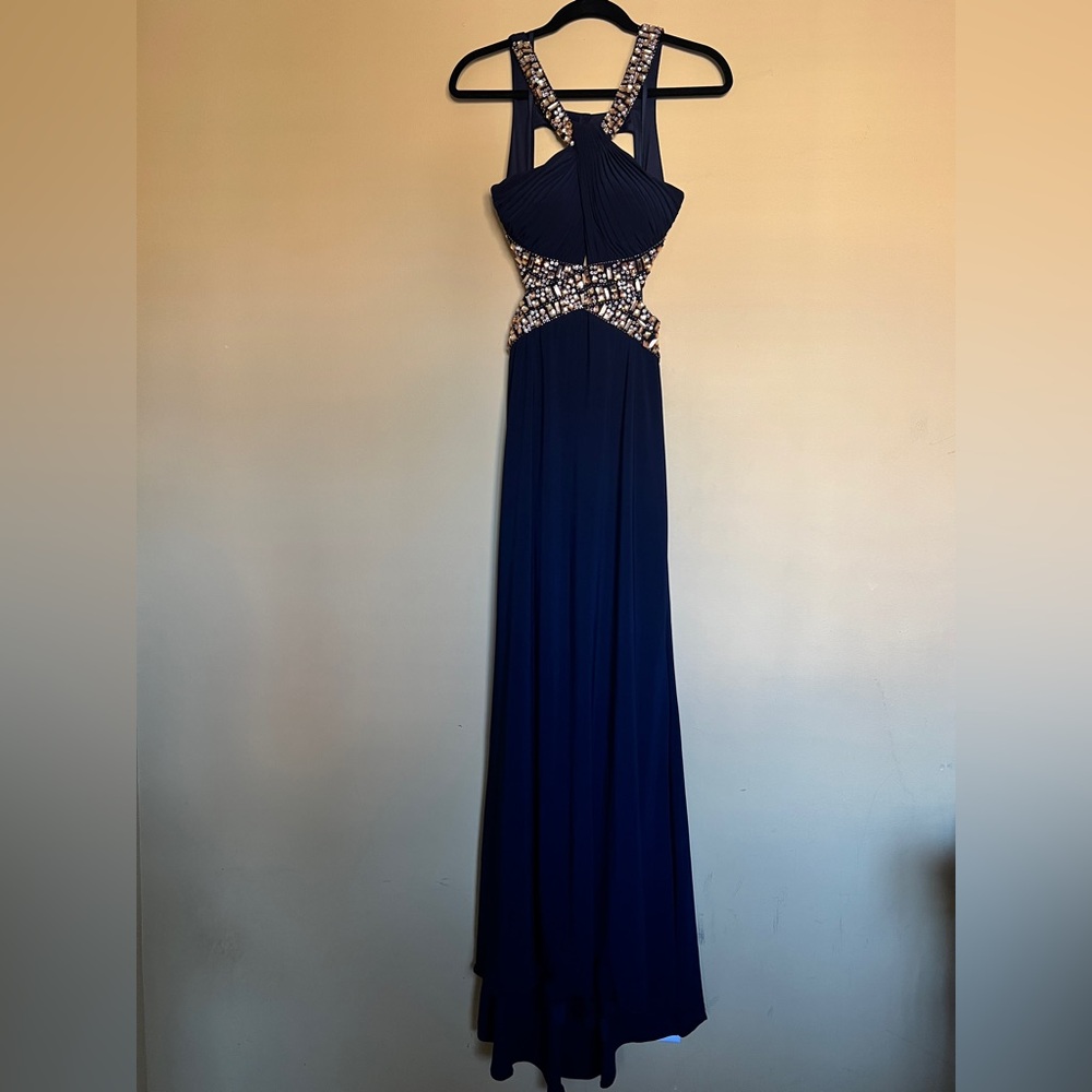Betsy & Adam Elegant Blue and Rose Gold Backless Formal Prom Dress